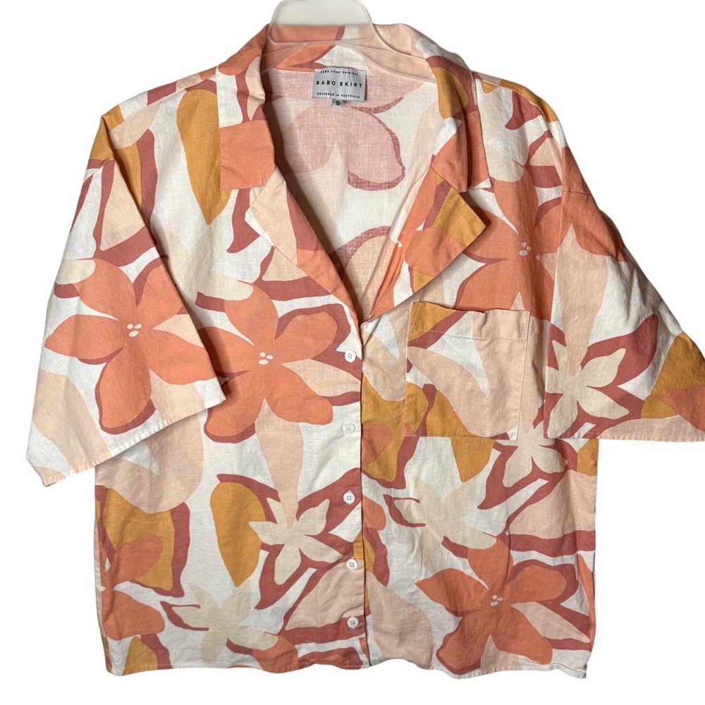 Sabo Skirt Button Down Shirt Women S‎ Peach Floral Linen Cotton Short Sleeve
